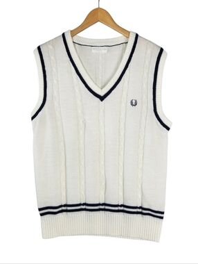 Vintage Fred Perry Cable Knit Sweater Vest White Navy Cricket Tennis Vest Med/Lg
